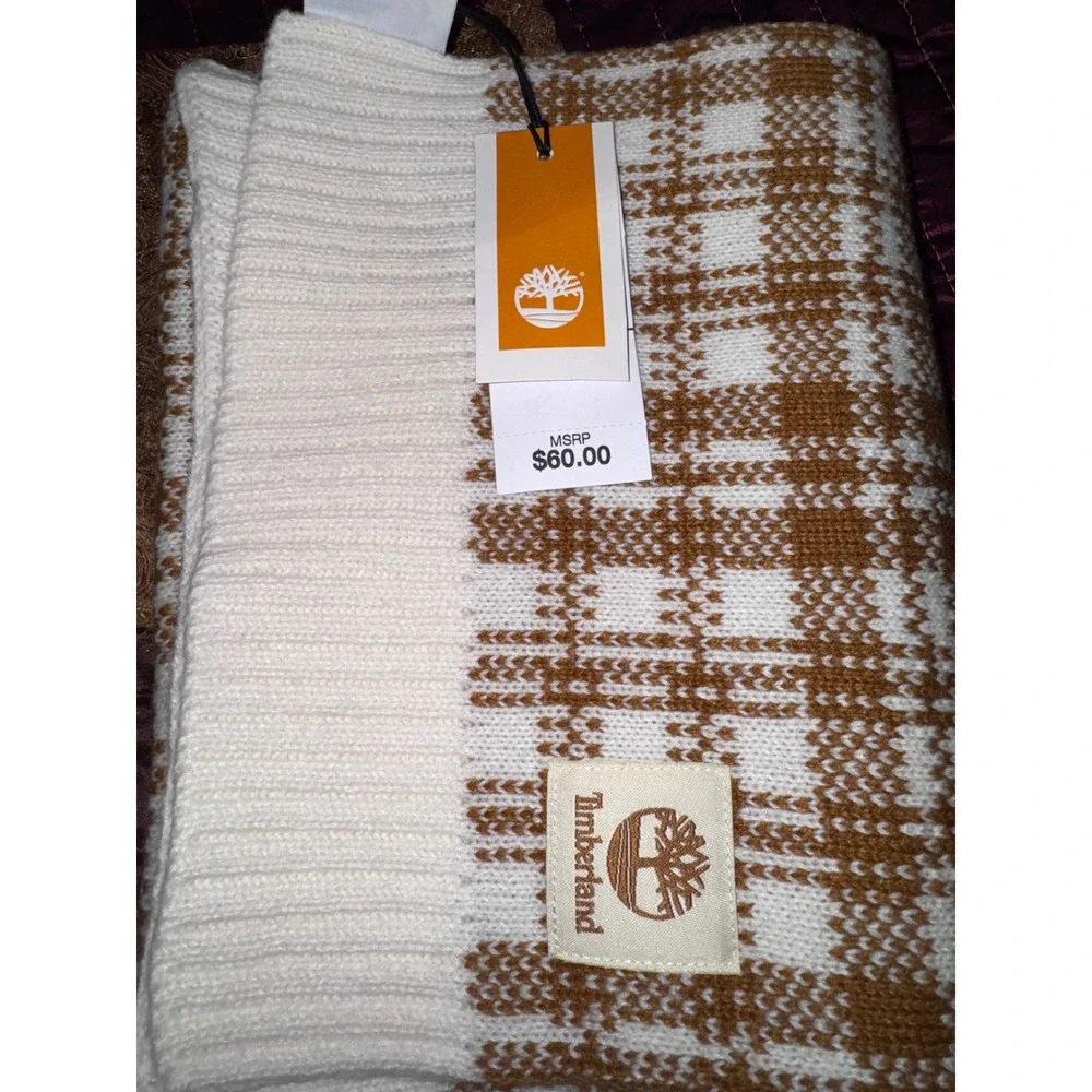 Timberland Brown and White Plaid Knit Scarf